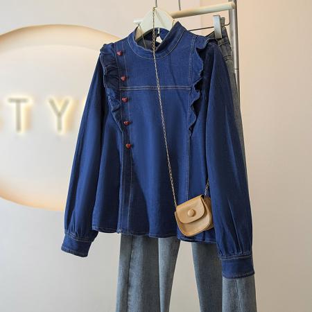 BY14729# 韩系复古舒适深蓝色牛仔风长袖上衣女春季新款气质通勤穿搭 服裝批發女裝批發服飾貨源