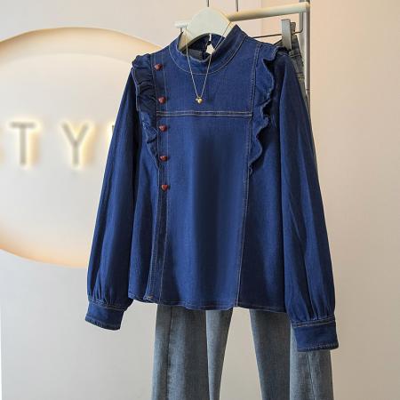 BY14729# 韩系复古舒适深蓝色牛仔风长袖上衣女春季新款气质通勤穿搭 服裝批發女裝批發服飾貨源