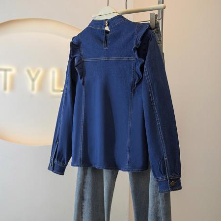 BY14729# 韩系复古舒适深蓝色牛仔风长袖上衣女春季新款气质通勤穿搭 服裝批發女裝批發服飾貨源
