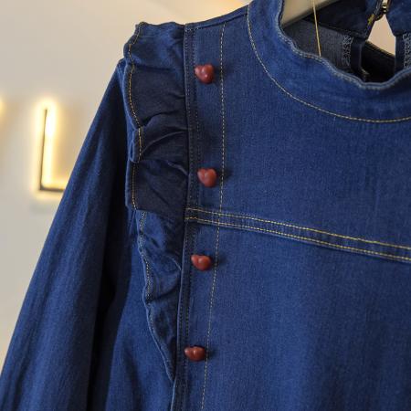 BY14729# 韩系复古舒适深蓝色牛仔风长袖上衣女春季新款气质通勤穿搭 服裝批發女裝批發服飾貨源