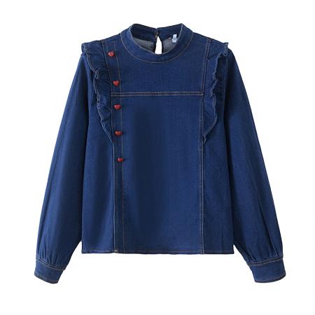 BY14729# 韩系复古舒适深蓝色牛仔风长袖上衣女春季新款气质通勤穿搭 服裝批發女裝批發服飾貨源