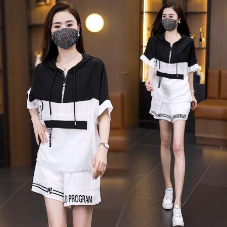 BY14730# 大码短裤运动时尚套装夏季新款显瘦减龄连帽两件套女 服裝批發女裝批發服飾貨源
