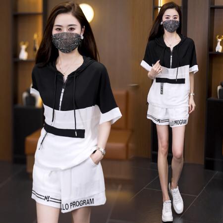 BY14730# 大码短裤运动时尚套装夏季新款显瘦减龄连帽两件套女 服裝批發女裝批發服飾貨源