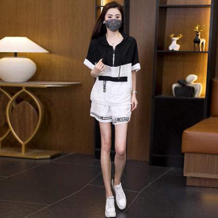 BY14730# 大码短裤运动时尚套装夏季新款显瘦减龄连帽两件套女 服裝批發女裝批發服飾貨源