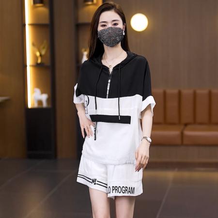 BY14730# 大码短裤运动时尚套装夏季新款显瘦减龄连帽两件套女 服裝批發女裝批發服飾貨源