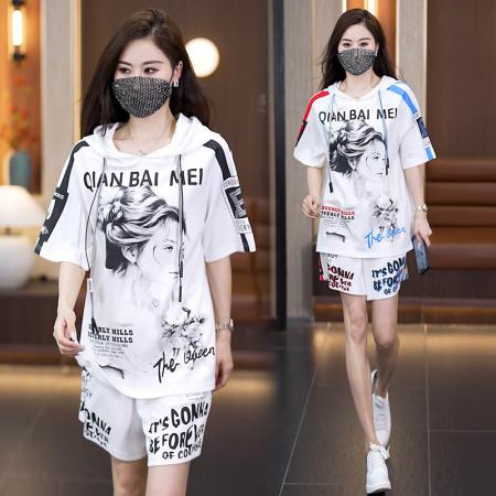 BY14731# 时尚大码休闲运动套装女夏季新款连帽显瘦遮肉套装 服裝批發女裝批發服飾貨源