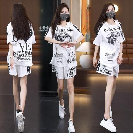 BY14731# 时尚大码休闲运动套装女夏季新款连帽显瘦遮肉套装 服裝批發女裝批發服飾貨源