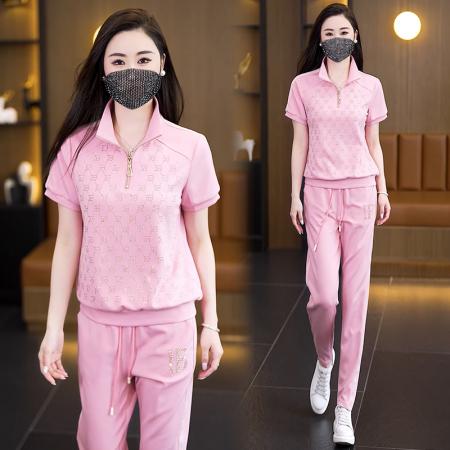 BY14732# 大码女装夏新款运动休闲烫钻时尚宽松显长裤两件套 服裝批發女裝批發服飾貨源