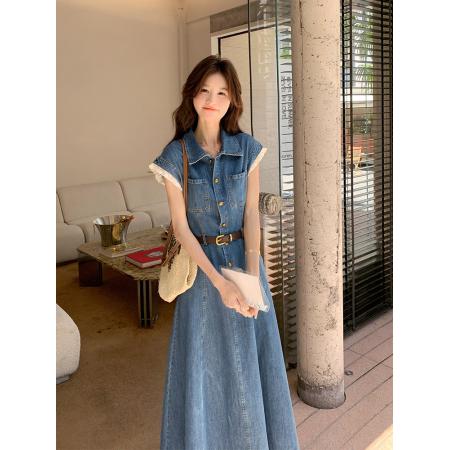 BY14733# 法式休闲花边牛仔连衣裙女夏新款收腰显瘦长裙独特漂亮超好看 服裝批發女裝批發服飾貨源