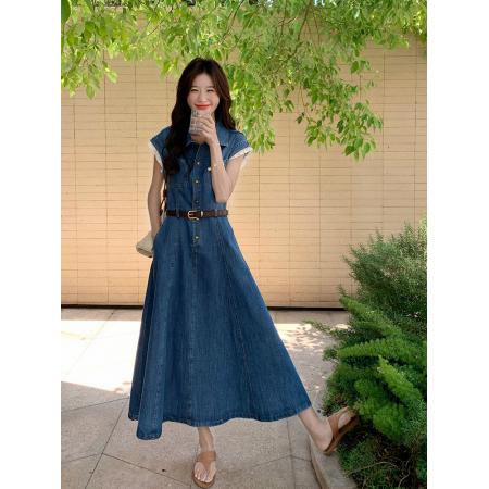 BY14733# 法式休闲花边牛仔连衣裙女夏新款收腰显瘦长裙独特漂亮超好看 服裝批發女裝批發服飾貨源