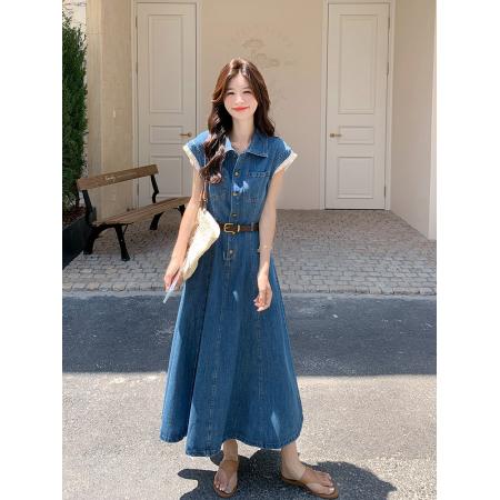 BY14733# 法式休闲花边牛仔连衣裙女夏新款收腰显瘦长裙独特漂亮超好看 服裝批發女裝批發服飾貨源