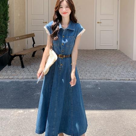 BY14733# 法式休闲花边牛仔连衣裙女夏新款收腰显瘦长裙独特漂亮超好看 服裝批發女裝批發服飾貨源