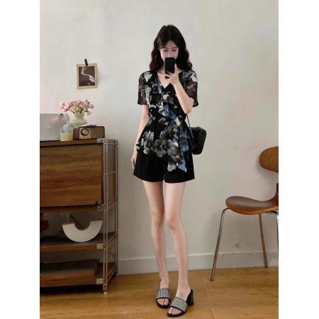 BY14734# 新款女装夏季两件套花色拼接短袖上衣短裤休闲时尚套装 服裝批發女裝批發服飾貨源