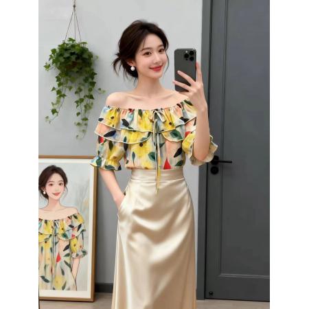 BY14737# 夏季新款一字肩荷叶边领花色冰丝雪纺衬衣小衫女甜美减龄上衣 服裝批發女裝批發服飾貨源