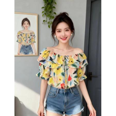 BY14737# 夏季新款一字肩荷叶边领花色冰丝雪纺衬衣小衫女甜美减龄上衣 服裝批發女裝批發服飾貨源