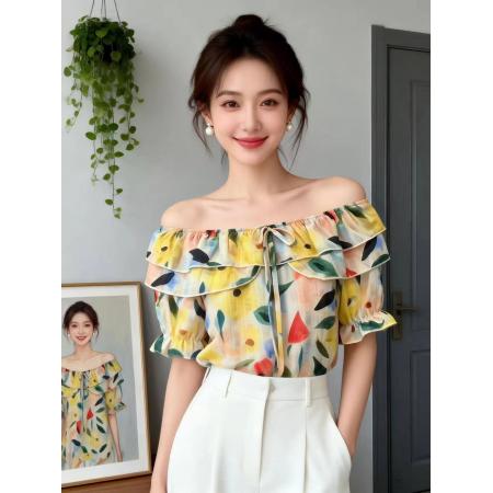 BY14737# 夏季新款一字肩荷叶边领花色冰丝雪纺衬衣小衫女甜美减龄上衣 服裝批發女裝批發服飾貨源