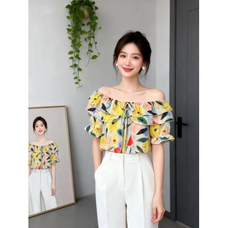 BY14737# 夏季新款一字肩荷叶边领花色冰丝雪纺衬衣小衫女甜美减龄上衣 服裝批發女裝批發服飾貨源