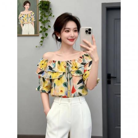 BY14737# 夏季新款一字肩荷叶边领花色冰丝雪纺衬衣小衫女甜美减龄上衣 服裝批發女裝批發服飾貨源