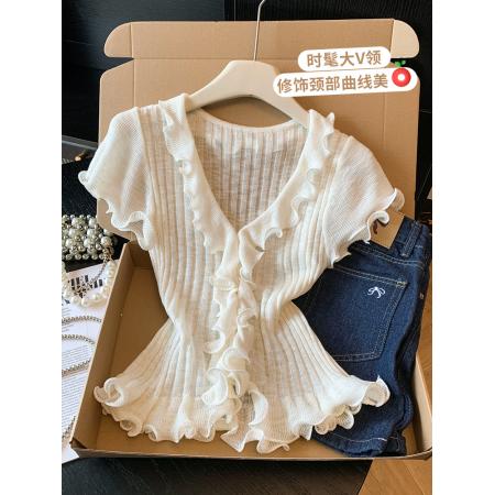 BY14741# 韩系木耳边V领针织短袖T恤女夏季新款收腰显瘦别致上衣服 服裝批發女裝批發服飾貨源