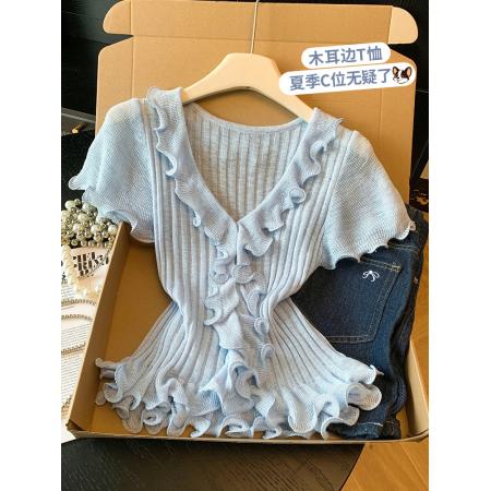 BY14741# 韩系木耳边V领针织短袖T恤女夏季新款收腰显瘦别致上衣服 服裝批發女裝批發服飾貨源