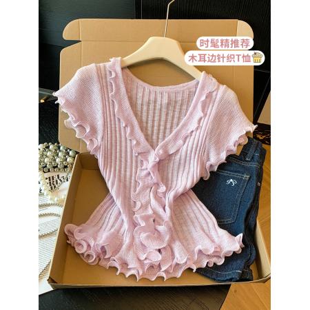 BY14741# 韩系木耳边V领针织短袖T恤女夏季新款收腰显瘦别致上衣服 服裝批發女裝批發服飾貨源