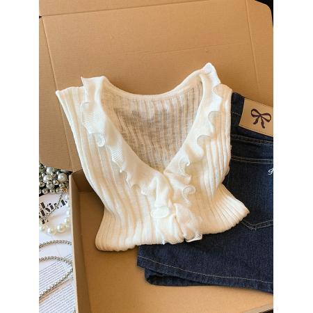 BY14741# 韩系木耳边V领针织短袖T恤女夏季新款收腰显瘦别致上衣服 服裝批發女裝批發服飾貨源