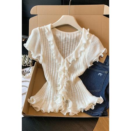BY14741# 韩系木耳边V领针织短袖T恤女夏季新款收腰显瘦别致上衣服 服裝批發女裝批發服飾貨源