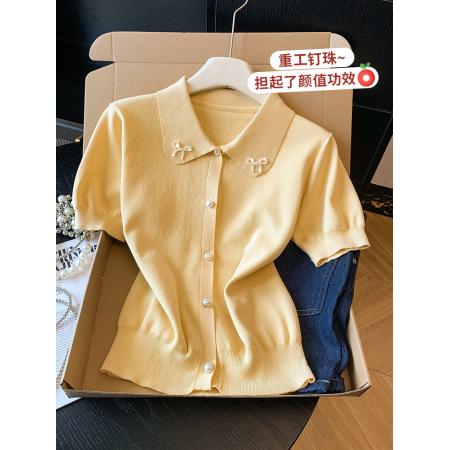 BY14742# 甜美风娃娃领短袖针织衫女新款重工蝴蝶结显瘦百搭上衣 服裝批發女裝批發服飾貨源