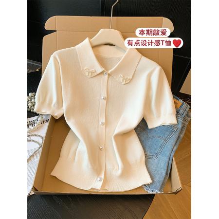 BY14742# 甜美风娃娃领短袖针织衫女新款重工蝴蝶结显瘦百搭上衣 服裝批發女裝批發服飾貨源