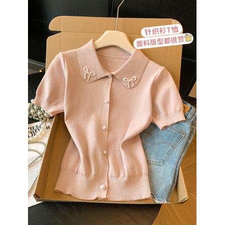 BY14742# 甜美风娃娃领短袖针织衫女新款重工蝴蝶结显瘦百搭上衣 服裝批發女裝批發服飾貨源