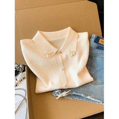 BY14742# 甜美风娃娃领短袖针织衫女新款重工蝴蝶结显瘦百搭上衣 服裝批發女裝批發服飾貨源