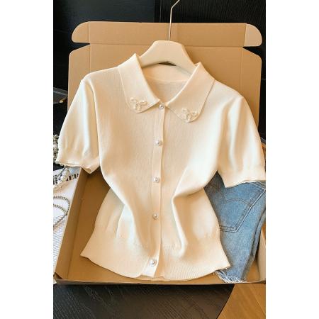 BY14742# 甜美风娃娃领短袖针织衫女新款重工蝴蝶结显瘦百搭上衣 服裝批發女裝批發服飾貨源