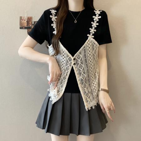 BY14746# 大码胖MM夏季新款时尚设计感假两件短袖T恤蕾丝拼接上衣 服裝批發女裝批發服飾貨源