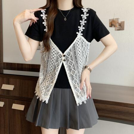 BY14746# 大码胖MM夏季新款时尚设计感假两件短袖T恤蕾丝拼接上衣 服裝批發女裝批發服飾貨源