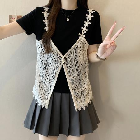 BY14746# 大码胖MM夏季新款时尚设计感假两件短袖T恤蕾丝拼接上衣 服裝批發女裝批發服飾貨源