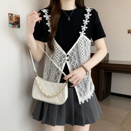 BY14746# 大码胖MM夏季新款时尚设计感假两件短袖T恤蕾丝拼接上衣 服裝批發女裝批發服飾貨源