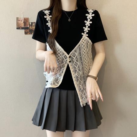 BY14746# 大码胖MM夏季新款时尚设计感假两件短袖T恤蕾丝拼接上衣 服裝批發女裝批發服飾貨源