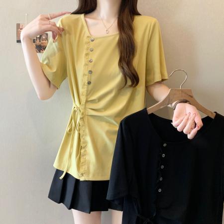 BY14747# 大码胖MM夏季新款设计感减龄蕾丝花边针织衫短袖T恤上衣 服裝批發女裝批發服飾貨源