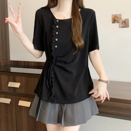 BY14747# 大码胖MM夏季新款设计感减龄蕾丝花边针织衫短袖T恤上衣 服裝批發女裝批發服飾貨源