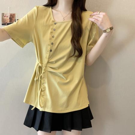 BY14747# 大码胖MM夏季新款设计感减龄蕾丝花边针织衫短袖T恤上衣 服裝批發女裝批發服飾貨源