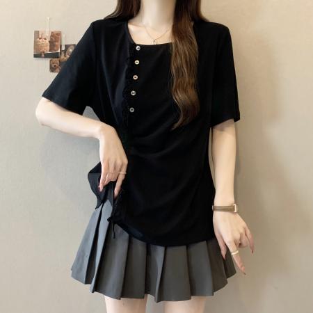 BY14747# 大码胖MM夏季新款设计感减龄蕾丝花边针织衫短袖T恤上衣 服裝批發女裝批發服飾貨源