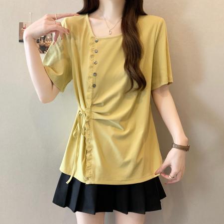 BY14747# 大码胖MM夏季新款设计感减龄蕾丝花边针织衫短袖T恤上衣 服裝批發女裝批發服飾貨源