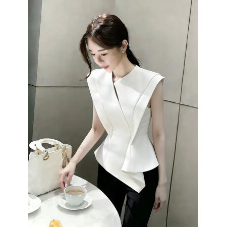 BY14751# 巨好看白色收腰衬衫春季重要场合轻奢高级感法式收腰无袖上衣 服裝批發女裝批發服飾貨源