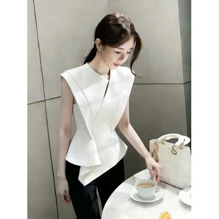 BY14751# 巨好看白色收腰衬衫春季重要场合轻奢高级感法式收腰无袖上衣 服裝批發女裝批發服飾貨源