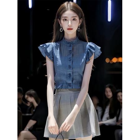 BY14754# 千金风miu系穿搭减龄蓝色衬衫连衣裙叠穿高级感夏季女装新款 服裝批發女裝批發服飾貨源