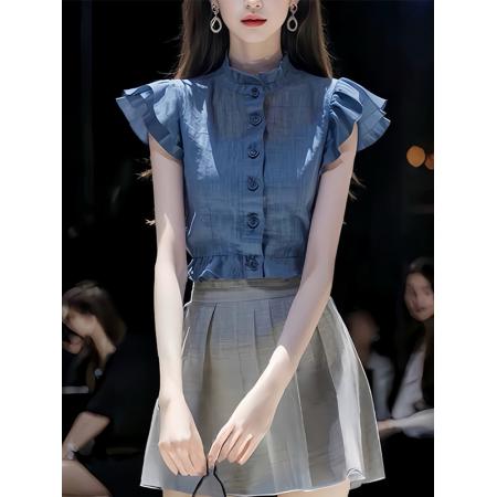 BY14754# 千金风miu系穿搭减龄蓝色衬衫连衣裙叠穿高级感夏季女装新款 服裝批發女裝批發服飾貨源