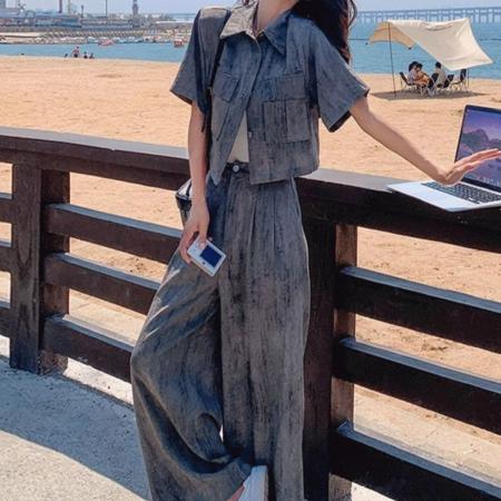 BY14756# 时尚套装女夏季新款轻熟高级感短袖衬衫上衣休闲阔腿裤两件套 服裝批發女裝批發服飾貨源