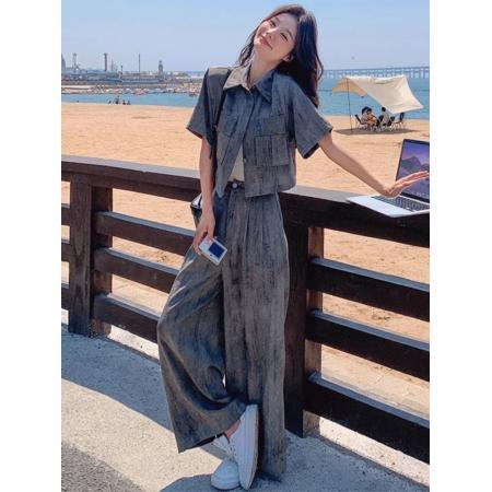 BY14756# 时尚套装女夏季新款轻熟高级感短袖衬衫上衣休闲阔腿裤两件套 服裝批發女裝批發服飾貨源