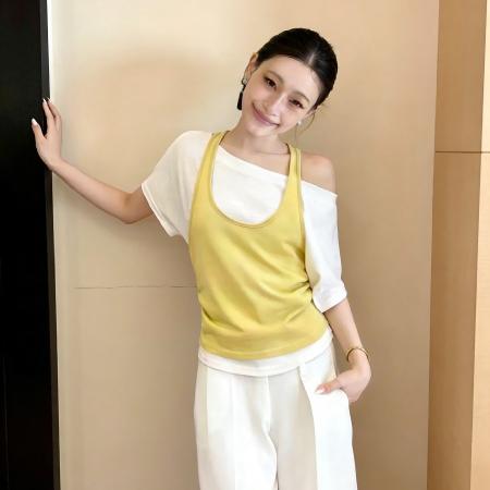 BY14758# 夏季新款韩版时尚百搭显瘦圆领挂脖拼色假两件短袖T恤女上衣 服裝批發女裝批發服飾貨源