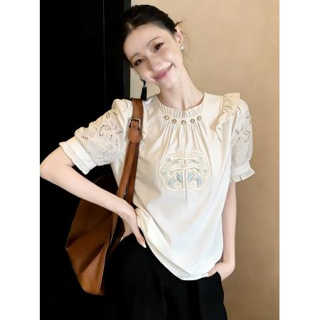 BY14762# 夏季新款新中式钉珠绣花衬衫女设计感小众宽松中国风上衣 服裝批發女裝批發服飾貨源